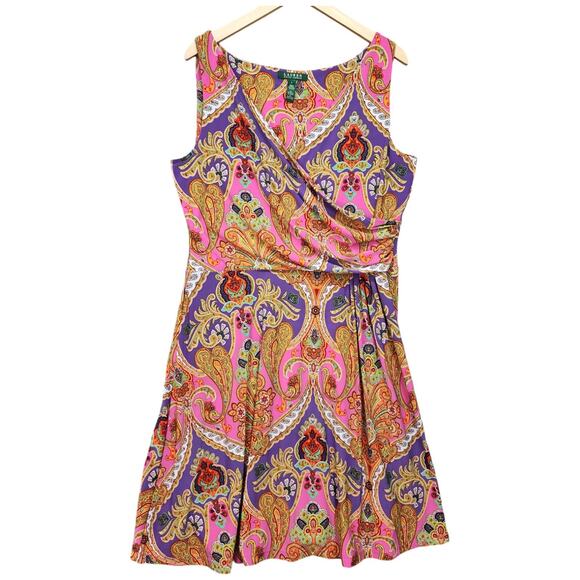 Lauren Ralph Lauren Dress Women’s Large Pink Purple Paisley Faux Wrap Stretch - Picture 11 of 16
